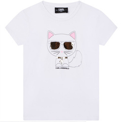 KARL LAGERFELD KIDS T-shirt dziewczęcy z krótkim rękawem ze srebrną aplikacją kotka