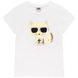 KARL LAGERFELD KIDS T-shirt dziewczęcy z krótkim rękawem biały z kolorową aplikacją